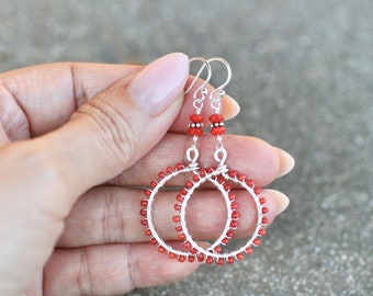 Red Coral Beaded Hoop Drop Earrings,Sterling Silver Hoop Earrings, Coral Jewelry, Gemstone Earrings, Coral Earrings, Wire Wrapped Earrings