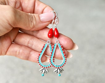 Turquoise, Red Coral Earrings, Seed Beaded Earrings, Gemstone Earrings, Teardrop Earrings, Lotus Flower Earrings, Coral Earrings, Turquoise
