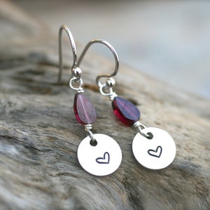 Garnet Gemstone, Sterling Silver Heart Stamped Charm Earrings,Gemstone Heart Earrings,Petite Earrings,Stamped Heart Sterling Silver Earrings