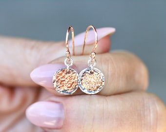 Double Disc Mixed Metal Earrings, Rose Gold Filled and Sterling Silver Hammered Disc Earrings,Dainty Disc Earrings Hammered Texture Earrings