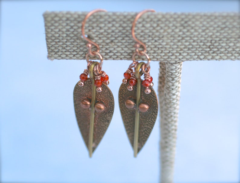 Autumn Earrings Fall Jewelry Carnelian Gemstone Carnelian Jewelry Copper 14KT Rose Gold Filled Earrings Carnelian Earrings Brass Leaf