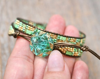 Mint Green, Gold Beaded Wrap Bracelet, Beaded Bracelet, Boho Wrap Bracelet, Double Leather Wrap Bracelet, Spring Jewelry, Leather Bracelets