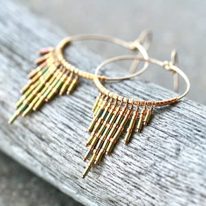 Gold & Green Miyuki Beaded Hoop Earrings: 14K Gold Filled 30mm
