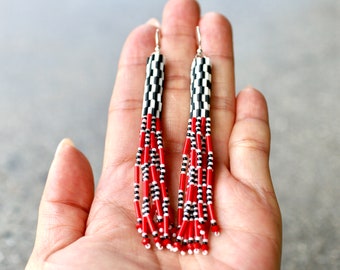 Black, White, Red Beaded Tube Earrings,Checkered Block Tube Earrings,Long Statement Earrings,Statement Earrings,Boho Tassel Fringe Earrings