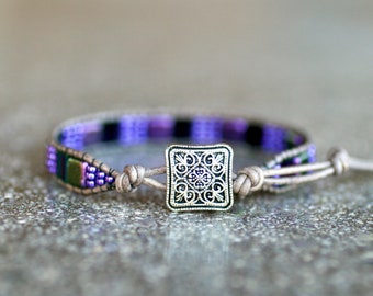 Purple Beaded Leather Wrap Bracelet: Boho Chic Stacking Jewelry