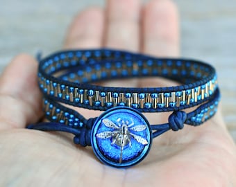 Dragonfly Leather Wrap Bracelet, Double Wrap, Beaded Bracelet, Dragonfly Jewelry, Boho Bracelet, Nature Bracelet, Artisan Beaded Jewelry