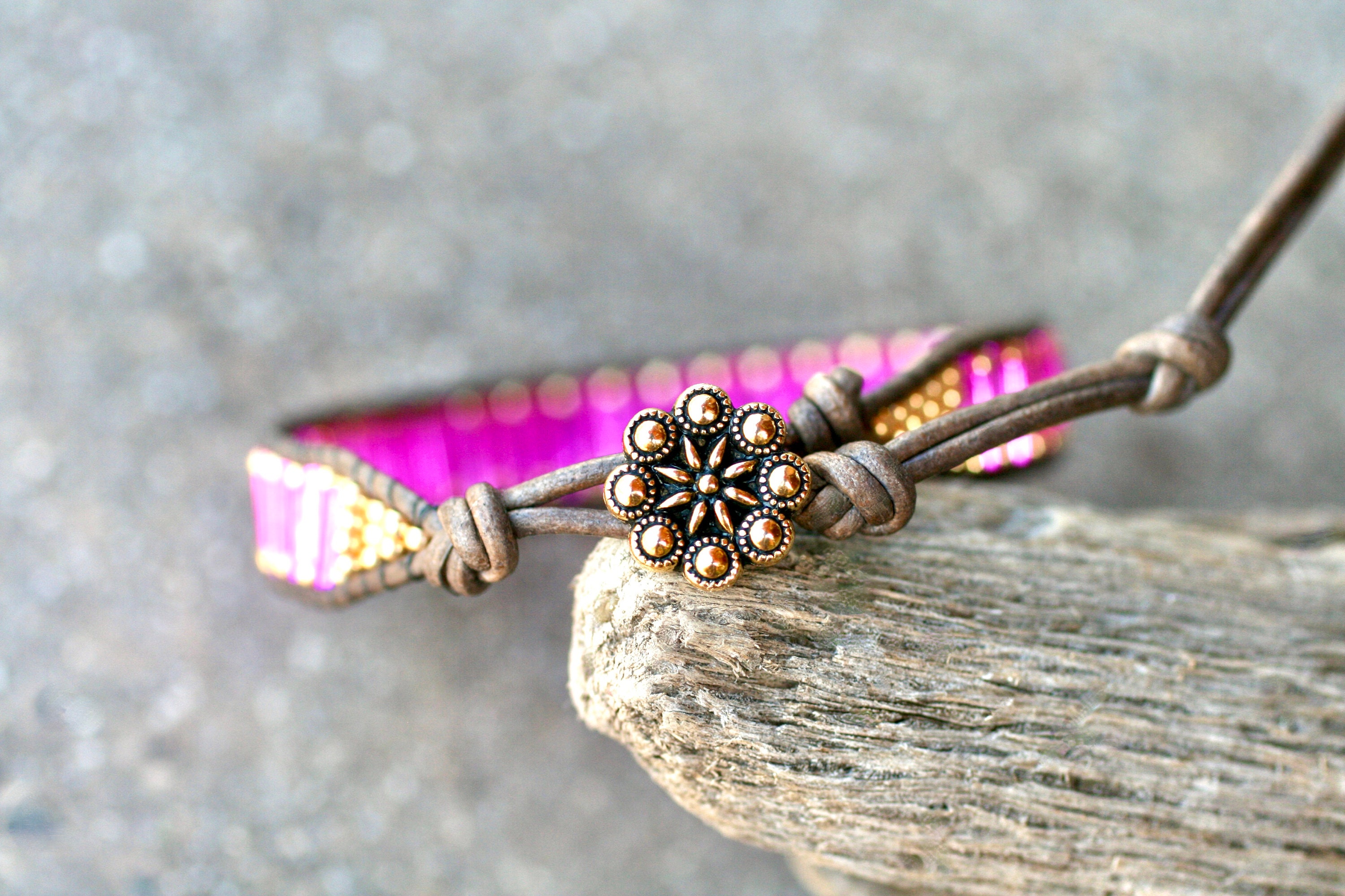 Hot Pink & Gold Beaded Leather Wrap Bracelet: Boho Stacking  display picture 1