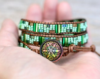 Green Beaded Leather Wrap Bracelet, Beaded Wrap, Green Jewelry, Stacking Bracelet, Triple Wrap Bracelet, 3x Wrap Bracelet, Boho Bracelet