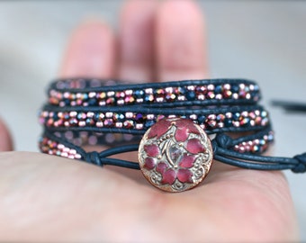 Pink and Navy Blue, Beaded Bracelet, Triple Leather Wrap Bracelet, Beaded Bracelet Wrap, Leather Bracelet, Boho Leather Wrap, Beaded Jewelry