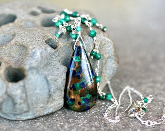 Copper Azurite Malachite Pendant, Malachite Gemstone Necklace, Sterling Silver Necklace, Teardrop Necklace, Gemstone Jewelry