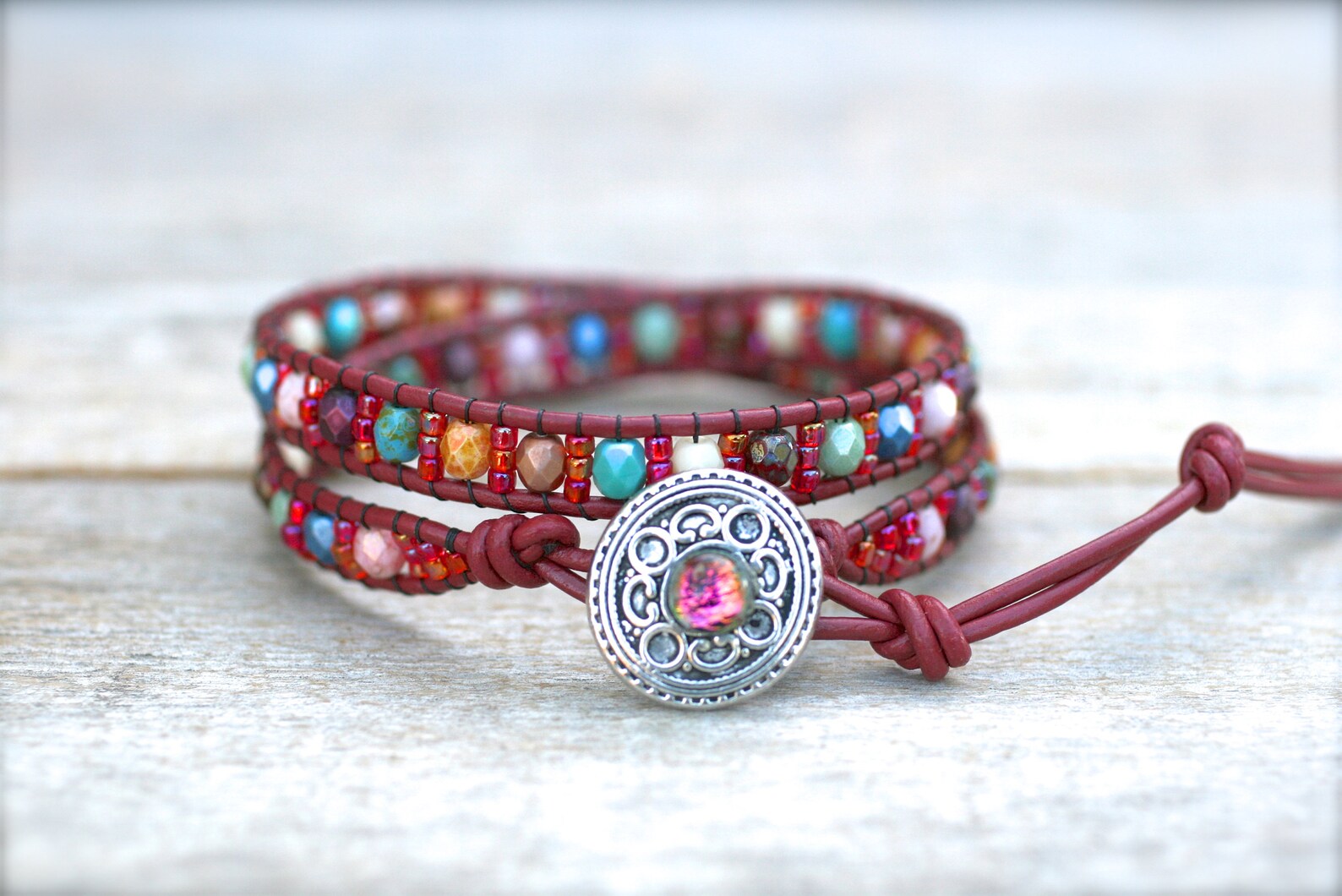 Red Leather Wrap Bracelet Multi Color Beaded Wrap Leather Etsy