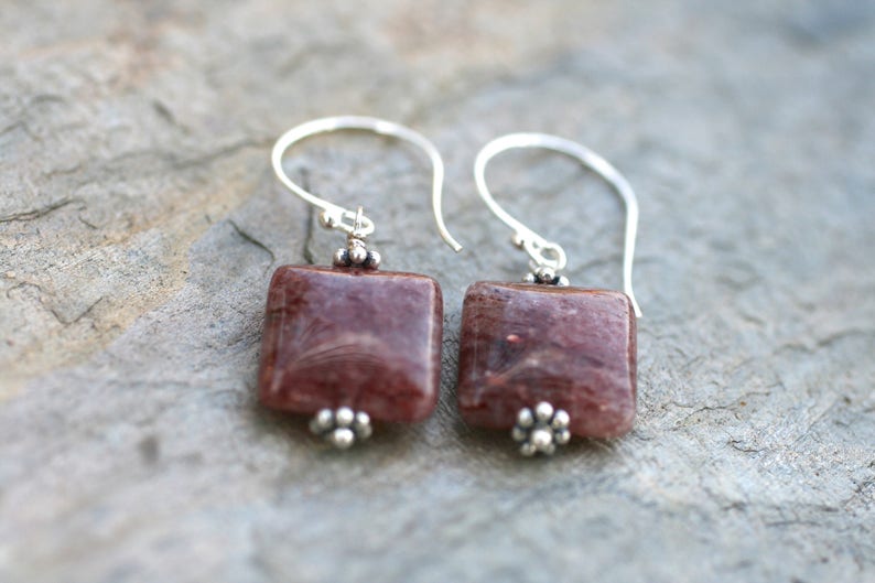 Square Lepidolite Gemstone Earrings Lepidolite and Sterling Silver Earrings Minimalist Earrings Square Earrings Geometric Jewelry