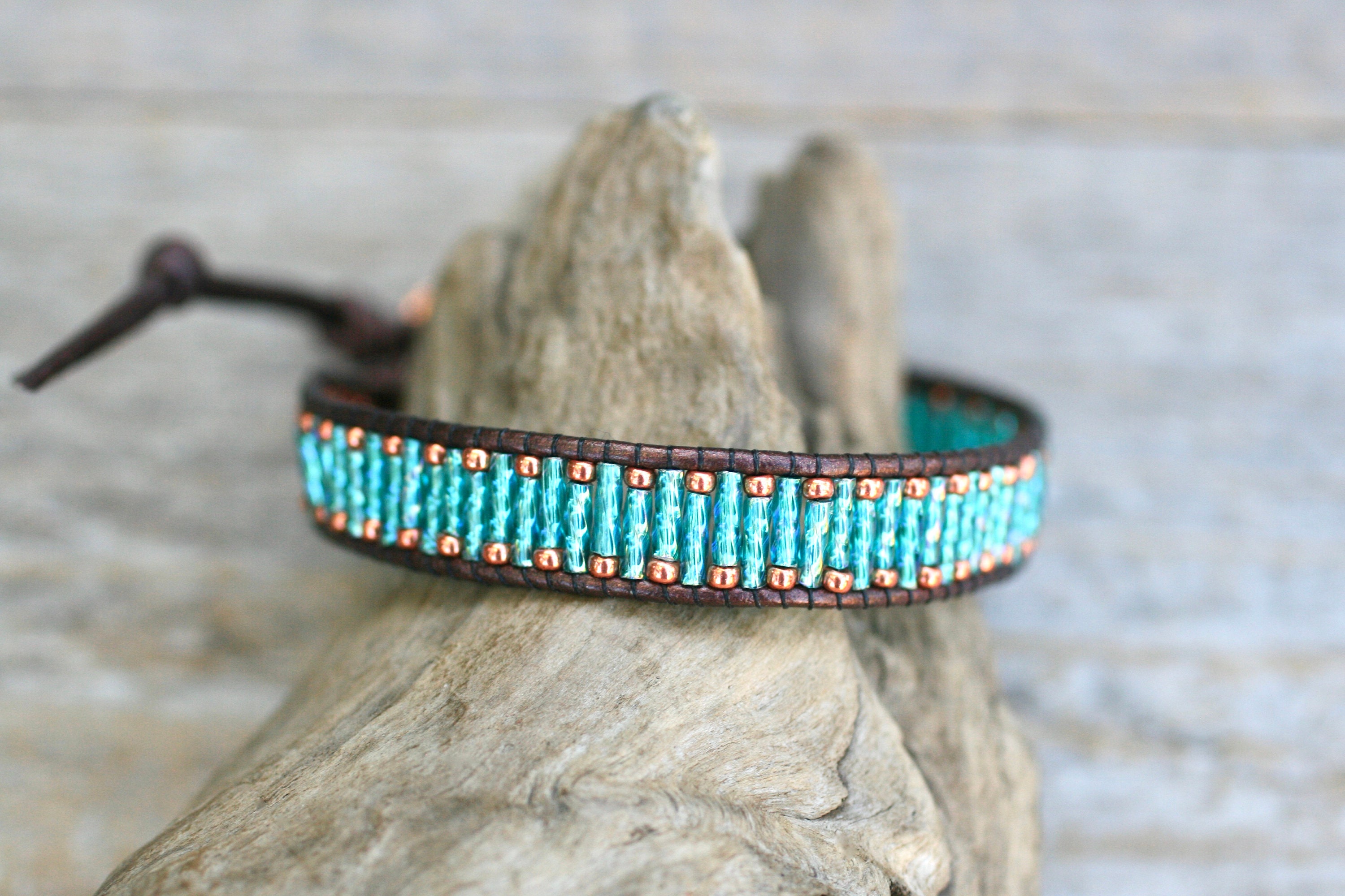 Copper, Turquoise Blue Beaded Leather Wrap Bracelet, Beaded
