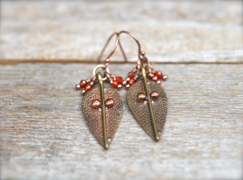Autumn Earrings Fall Jewelry Carnelian Gemstone Carnelian Jewelry Copper 14KT Rose Gold Filled Earrings Carnelian Earrings Brass Leaf