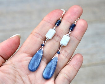 Kyanite Teardrop Earrings, White Freshwater Rectangle Pearl Earrings, Long Drop Earrings, Statement Earrings, June Birthstone Earrings