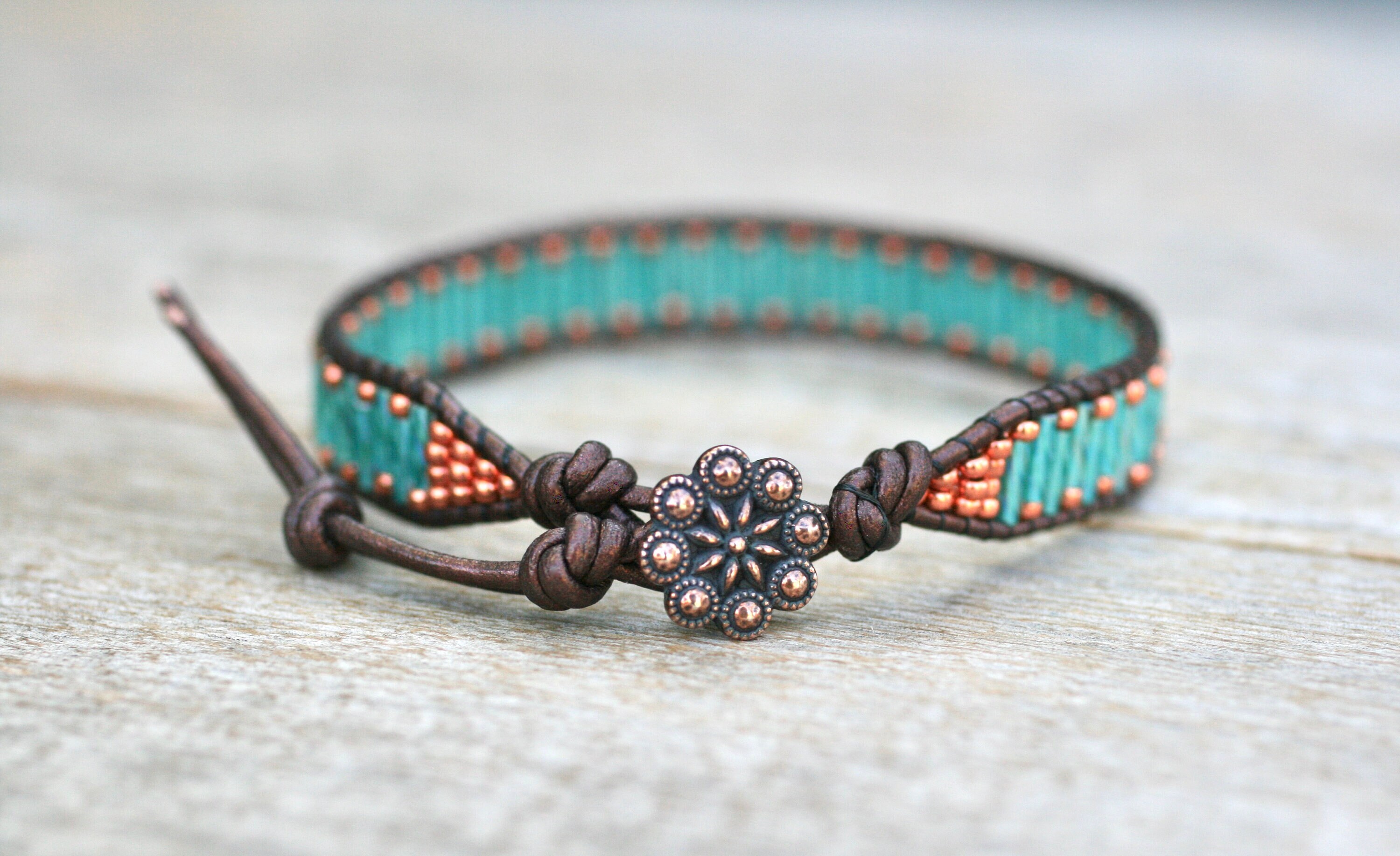Copper, Turquoise Blue Beaded Leather Wrap Bracelet, Beaded