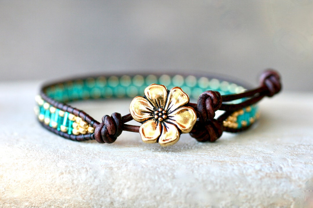 Teal Blue, Gold Beaded Leather Wrap Bracelet, Flower Bracelet, Spring ...