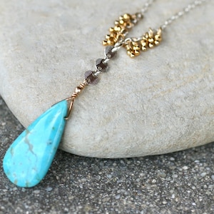 Turquoise Teardrop Gemstone Pendant, Sterling Silver Necklace, Silver and Gold Necklace, Blue Stone Necklace, Minimalist Necklace