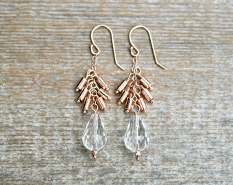 Quartz Crystal, Rose Gold Hematite Earrings, 14KT Rose Gold Fill, Gemstone Earrings,  Quartz Earrings, Petite Earrings