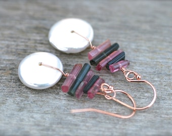Tourmaline Gemstone, White Coin Pearl, 14KT Rose Gold Filled Wire Wrapped Earrings, Pink, Green, Stone Earrings, Birthstone Jewelry