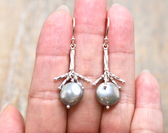 Silver Freshwater Coin Pearl Earrings, Sterling Silver Fringe Pearl Drop Earrings, Pearl Earrings, Pearl Drop Earrings, Pearl Jewelry