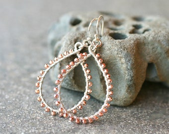 Sterling Silver Tear Drop Hoop Earrings, Rose Gold Hematite Beaded Earrings, Medium Hoop Earrings, Wire Wrapped Earrings, Hoop Drop Earrings