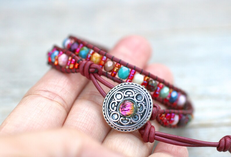 Red Leather Wrap Bracelet Multi Color Beaded Wrap Leather Etsy