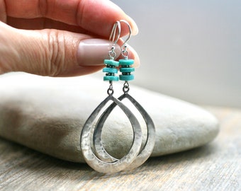 Turquoise Gemstone Earrings, Sterling Silver Teardrop Hoop Drop Earrings,Turquoise Jewelry Hoop Earrings,Statement Earrings,Gemstone Jewelry