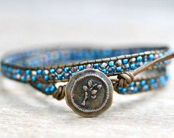 Tree of Life Leather Wrap Bracelet, Tree of life jewelry,Double Wrap Bracelet,2x Wrap Bracelet, Tree Lover Jewelry,Blue Beaded Wrap Bracelet