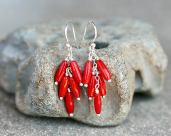 Red Coral Earrings, Coral Fringe Drop Earrings, Red Earrings, Coral Gemstone Earrings, Artisan Earrings, Red Gemstone Earrings,Coral Jewelry