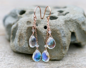 Hydro Quartz Gemstone Earrings, 14KT Rose Gold Filled Earrings, Quartz Jewelry, Rose Gold Jewelry,Double Teardrop Earrings,Gemstone Earrings