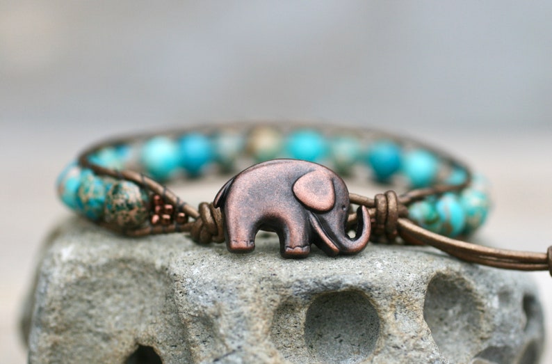 Elephant Leather Wrap Aqua Blue Imperial Jasper Bracelet Etsy