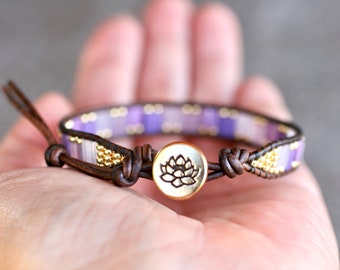 Purple and Gold Beaded Leather Wrap Bracelet, Leather Bracelet, Beaded Bracelet, Tila Bracelet, Beaded Jewelry, Boho Wrap Bracelet