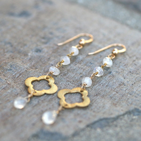 Moonstone Gemstone Drop Earrings, Moonstone Jewelry, 14KT Gold Filled Earrings