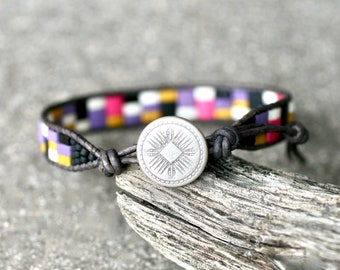 Multi Color Beaded Leather Wrap Bracelet: Boho Stacking Jewelry