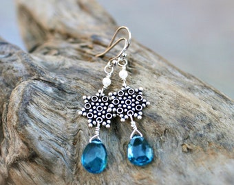 London Blue Topaz, White Freshwater Pearl, Gemstone Earrings, Sterling Silver Drop Earrings, Blue, White Stone Earrings