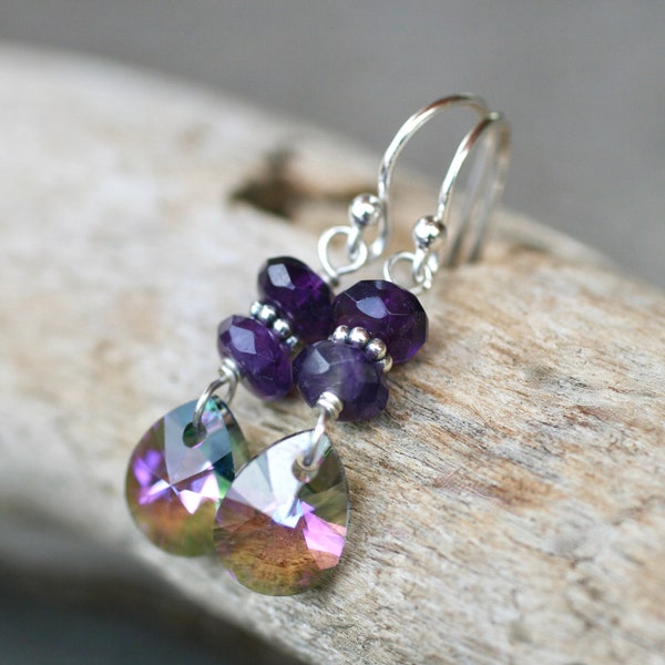 Amethyst Gemstone, Swarovski Crystal Teardrop Earrings, Sterling Silver Earrings, Purple Stone Earrings, Purple Earrings, Petite Earrings