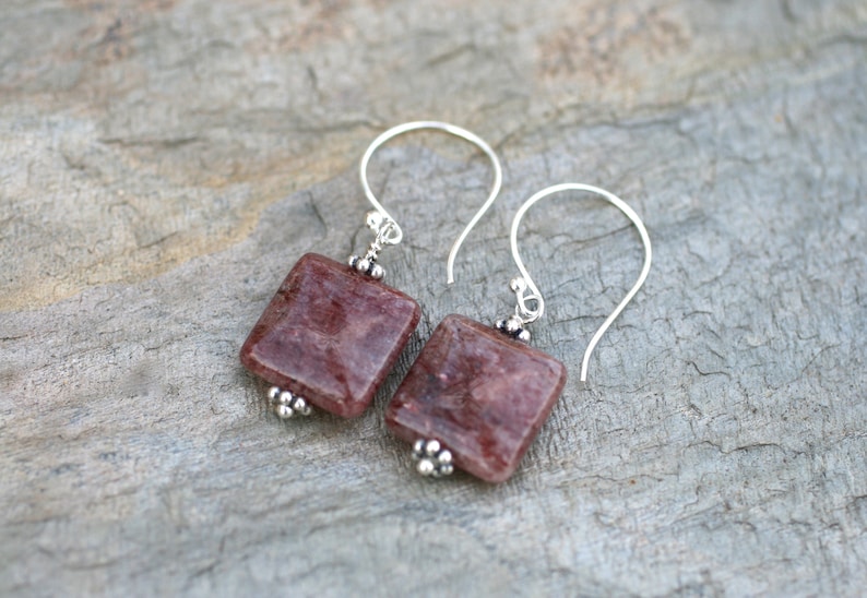 Square Lepidolite Gemstone Earrings Lepidolite and Sterling Silver Earrings Minimalist Earrings Square Earrings Geometric Jewelry