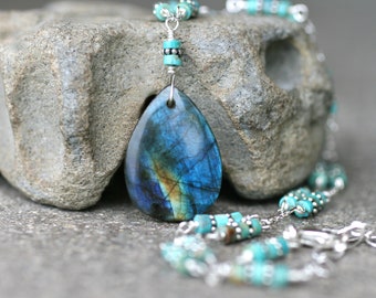 Turquoise Gemstone Necklace, Labradorite Pendant Necklace, Turquoise Jewelry, Labradorite Jewelry, Gemstone Necklace, Teardrop Necklace