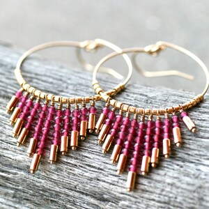 Ruby Gemstone Hoop Earrings, 14KT Gold Filled Hoop Drop Earrings, July Birthstone Earrings, Gold Filled Earrings, Red, Gold Earrings