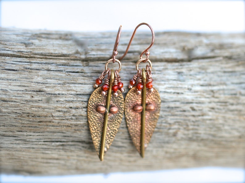 Autumn Earrings Fall Jewelry Carnelian Gemstone Carnelian Jewelry Copper 14KT Rose Gold Filled Earrings Carnelian Earrings Brass Leaf