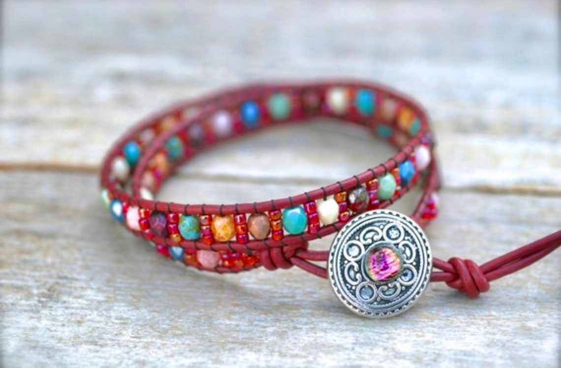 Red Leather Wrap Bracelet Multi Color Beaded Wrap Leather Etsy