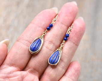 Lapis Lazuli Gemstone Earrings, Herringbone Wrapped Earrings, 14KT Gold Filled Earrings, Blue Czech Glass Earrings, Lapis Lazuli Jewelry