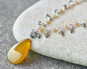 Chalcedony, Labradorite, Citrine Gemstone Necklace, Yellow Gemstone Pendant, Yellow, Gray Stone Necklace, November Birthstone Necklace