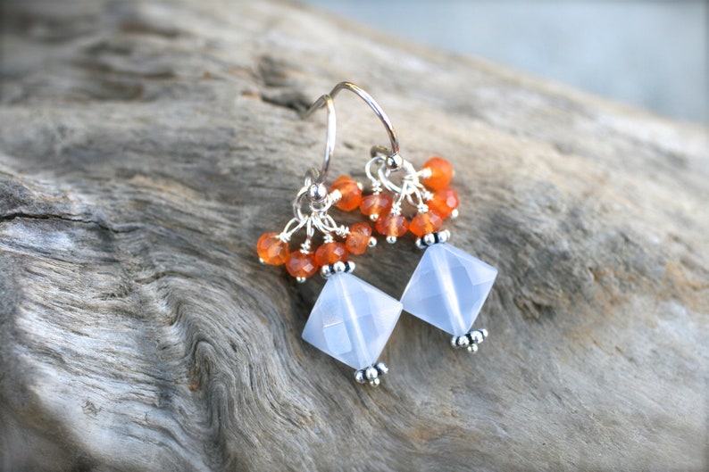 Chalcedony Gemstone Wire Wrapped Earrings Orange Carnelian Orange and White Earrings Orange Gemstone Sterling Silver Earrings