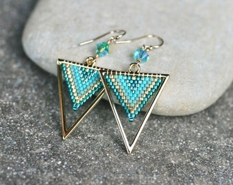 Turquoise Blue Beaded Triangle Earrings, 14KT Gold Filled Earrings,Miyuki Earrings, Triangle Earrings, Triangle Jewelry,Seed Beaded Earrings