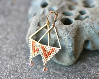 Triangle Beaded Earrings, 14KT Gold Filled Earrings, Geometric Earrings, Modern Earrings, Miyuki Beaded Earrings, Seed Beaded Earrings