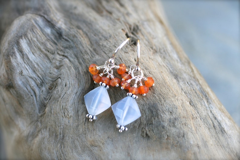 Chalcedony Gemstone Wire Wrapped Earrings Orange Carnelian Orange and White Earrings Orange Gemstone Sterling Silver Earrings
