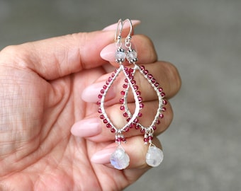 Ruby Gemstone Earrings, Carved Rainbow Moonstone Teardrop Earrings, July Birthstone Earrings, Birthstone Jewelry, Wire Wrapped Earrings