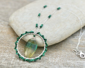 Malachite Gemstone Wire Wrapped Pendant, Fluorite Gemstone Necklace, Green and Yellow Fluorite, Summer Jewelry, Malachite Necklace,